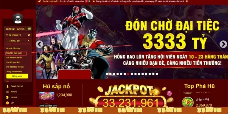 Chọn mục nạp tiền sau khi đã đăng nhập thành công